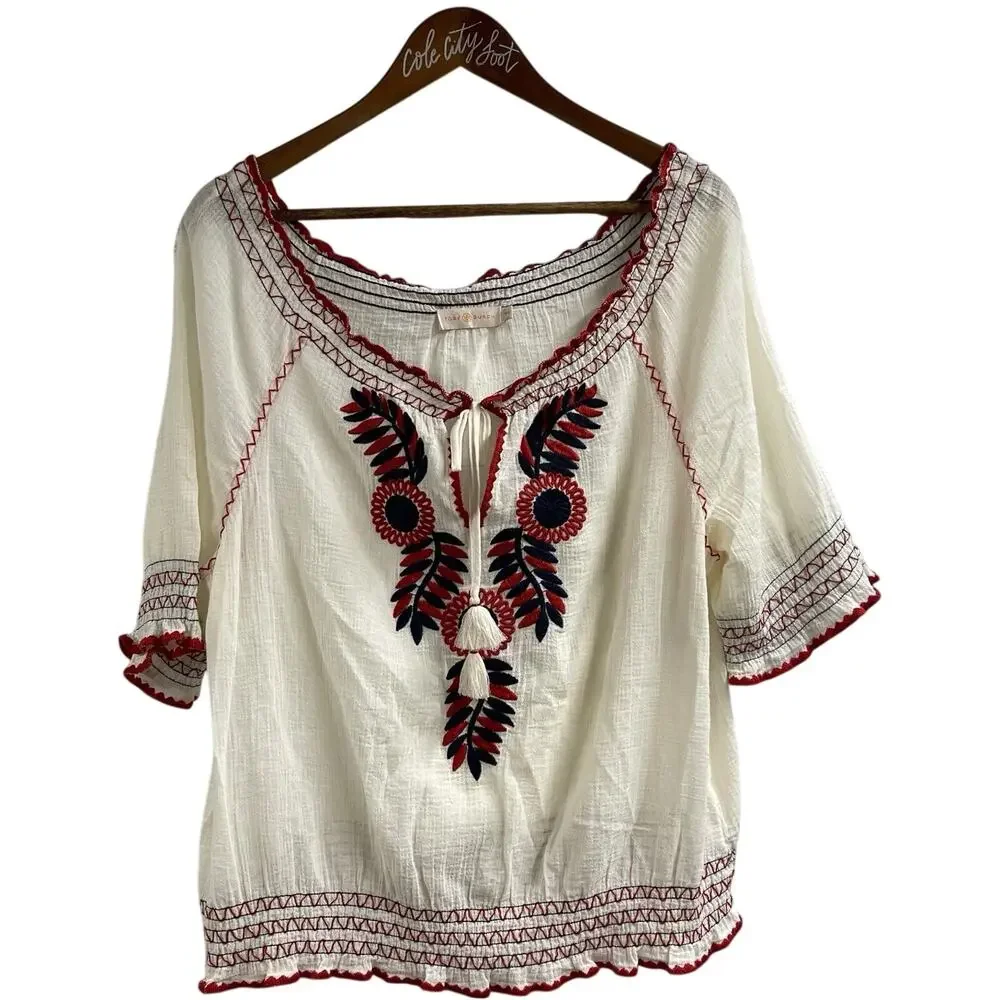 Tory Burch Mari Peasant Top M Cream Embroidered Boho 100% Cotton